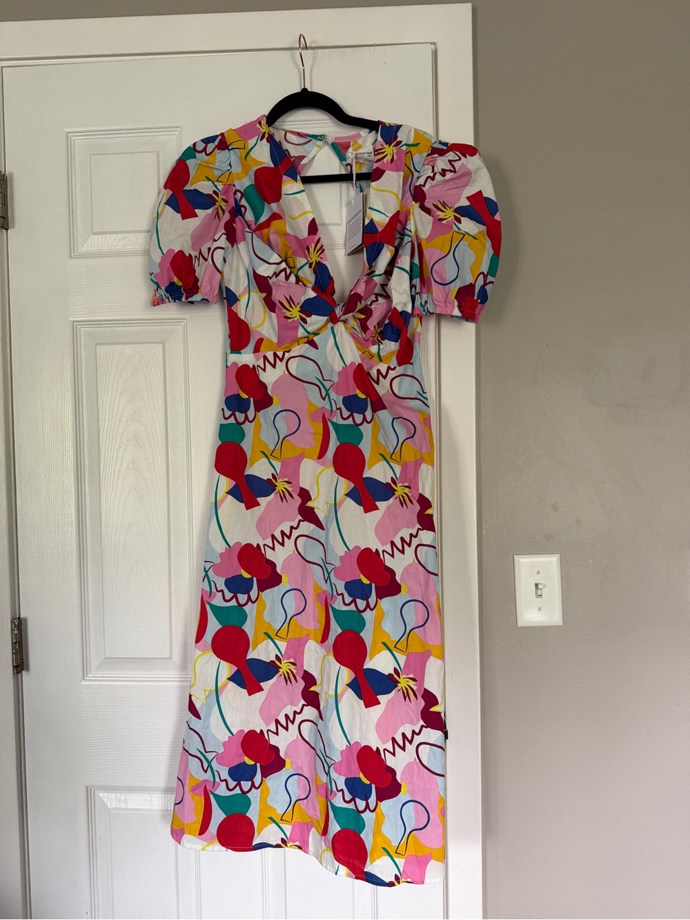 Free People X Glamorous Care Floral Puff Sleeve Abstract Rainbow Midi Dress NWT